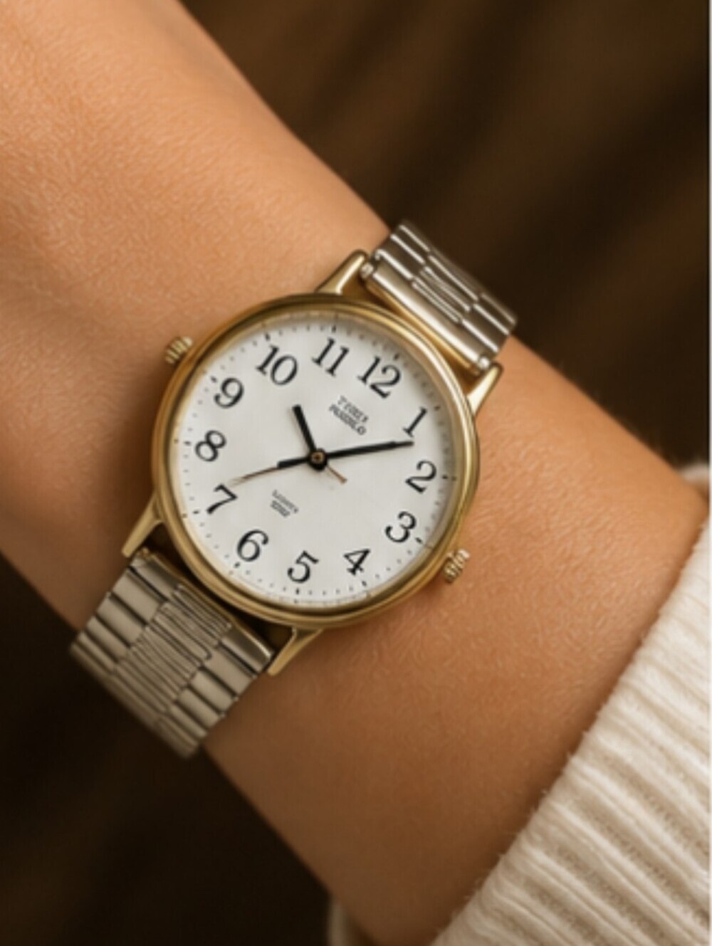 Vintage Timex Indiglo Gold Tone Mixed Metal Quartz Watch White Dial Stretch Band